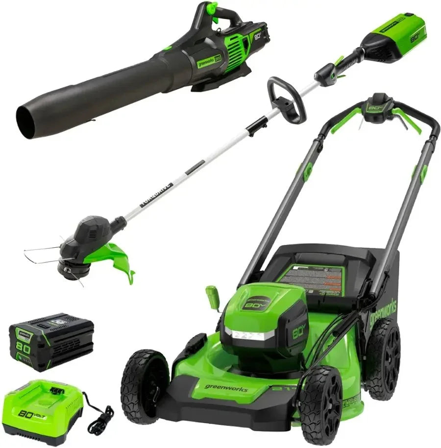 Greenworks 80V 21” Lawn Mower, 13” String Trimmer, and 730 Leaf Blowers