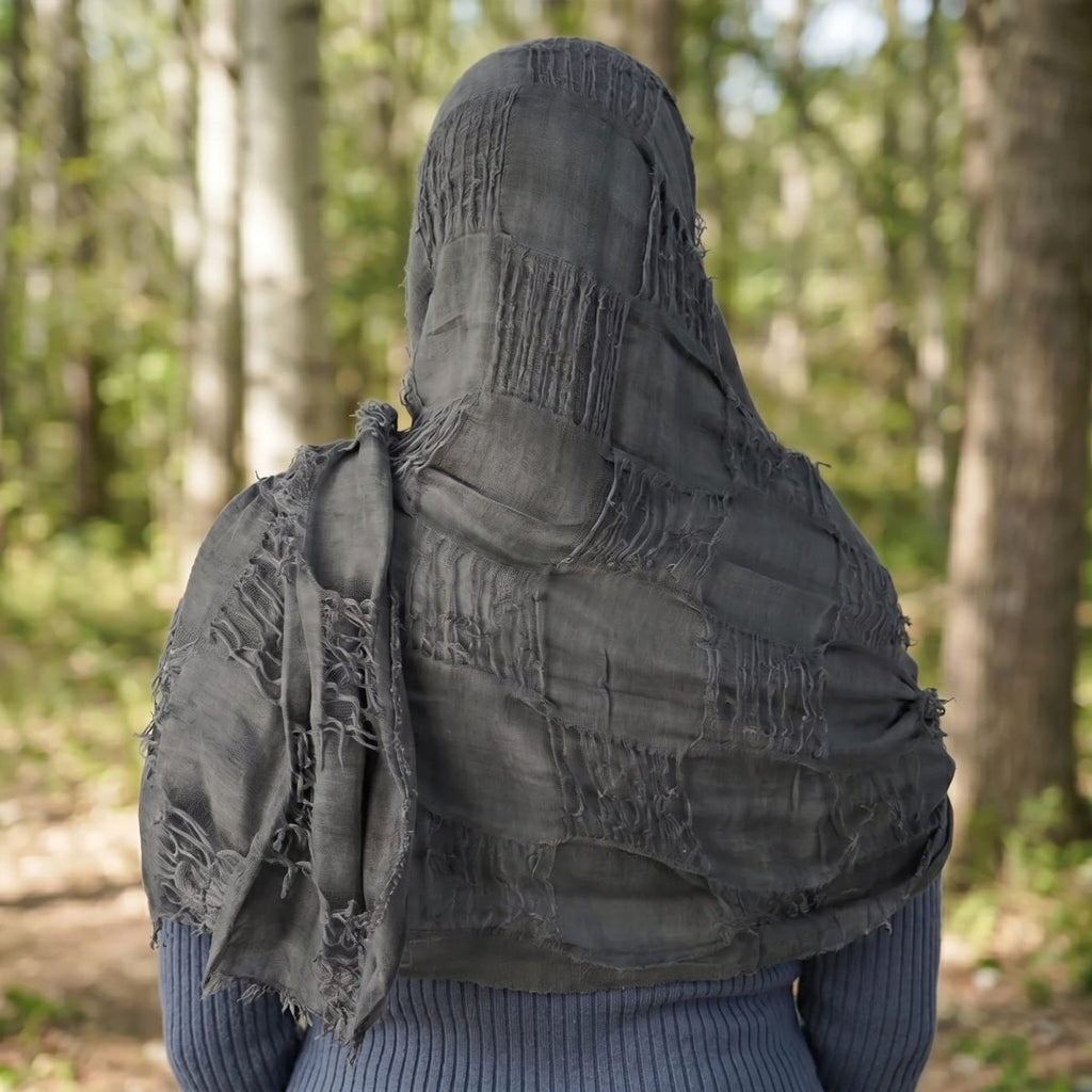 Apocalyptic Hooded Scarf Cape, Distressed Desert Style Shawl, Ragged Hooded Wrap, Avant-Garde Streetwear, Gothic Festival Scarf