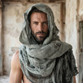 Apocalyptic Hooded Scarf Cape, Distressed Desert Style Shawl, Ragged Hooded Wrap, Avant-Garde Streetwear, Gothic Festival Scarf