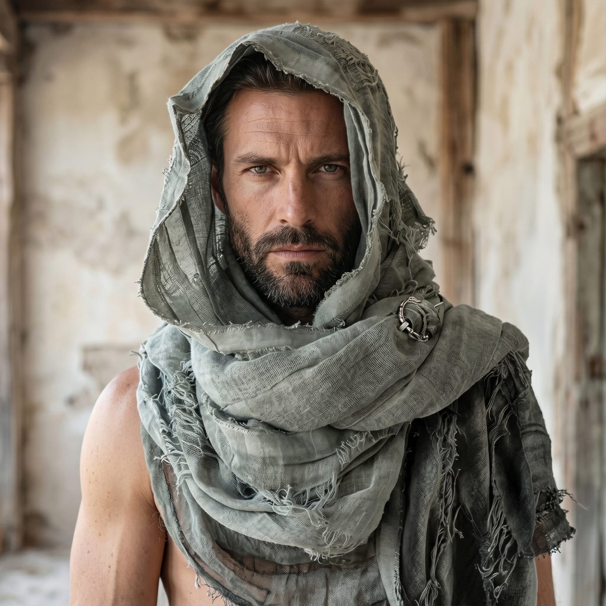 Apocalyptic Hooded Scarf Cape, Distressed Desert Style Shawl, Ragged Hooded Wrap, Avant-Garde Streetwear, Gothic Festival Scarf