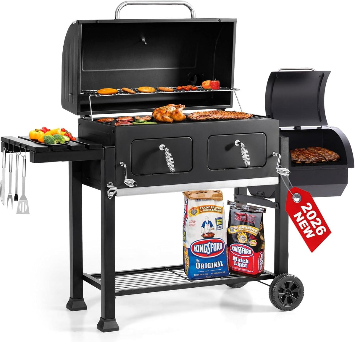 30″ Charcoal BBQ Grill & Offset Smoker – Heavy-Duty Outdoor Barbecue Grill
