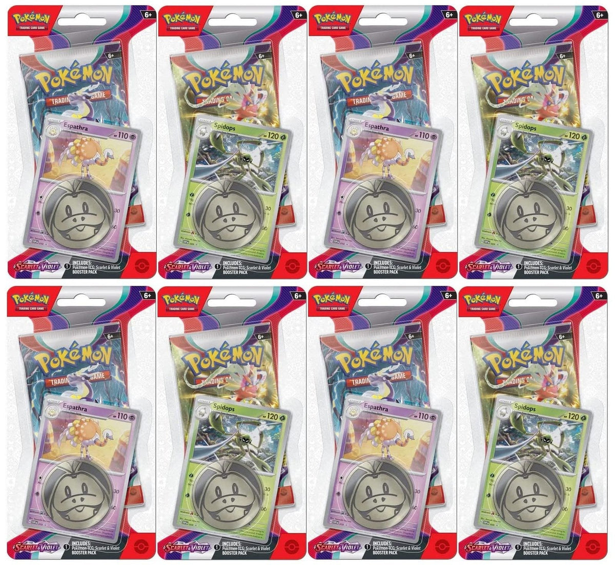 Pokemon TCG: Scarlet and Violet Checklane Espathra and Spidops Blister Booster Pack Bundle, 8 Packs 80 Cards