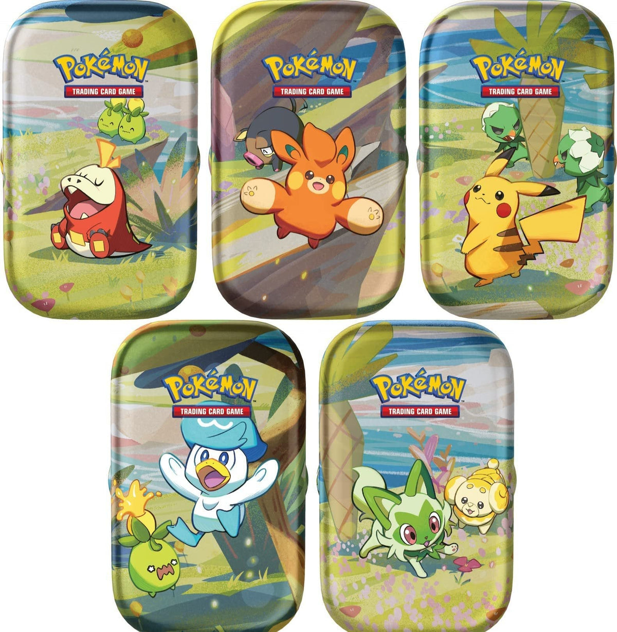 Pokemon - Paldea Friends Mini Tin - Complete 5 Piece Set - Sprigatito Quaxly Fuecoco Pawmot Pikachu