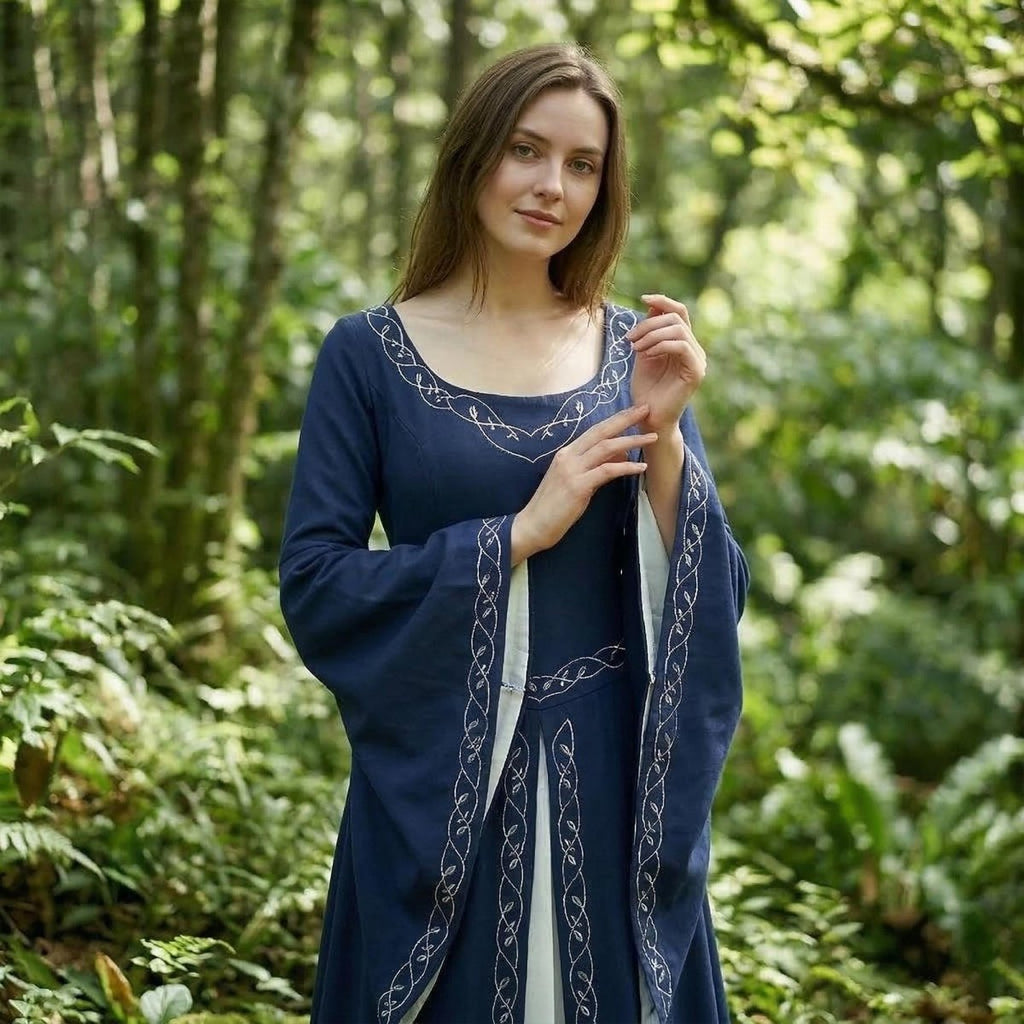 Forest Witch Medieval Dress, Vintage Embroidered Elf Costume, Adult Fantasy Party Dress, Role-Playing Outfit, Larp Costume