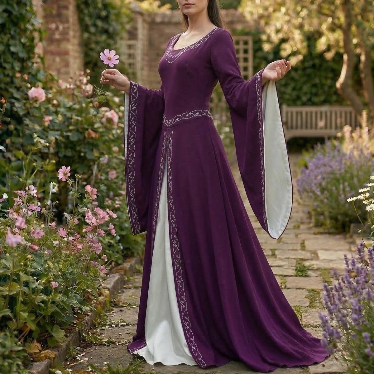 Forest Witch Medieval Dress, Vintage Embroidered Elf Costume, Adult Fantasy Party Dress, Role-Playing Outfit, Larp Costume