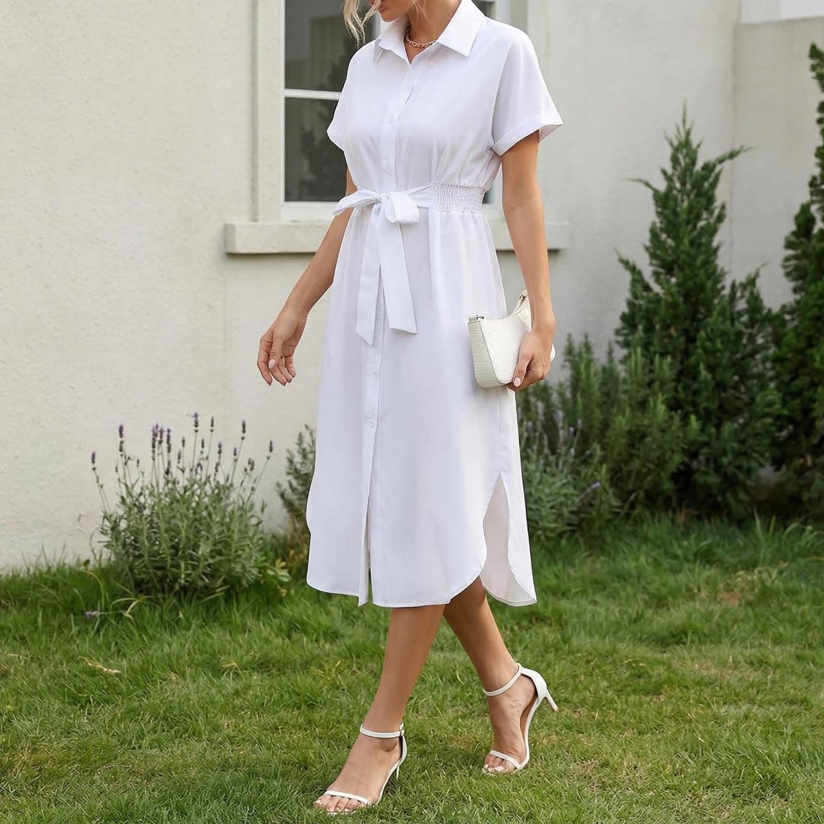 White Linen Midi Shirt Dress, Collared Button-Down with Belt, Pockets