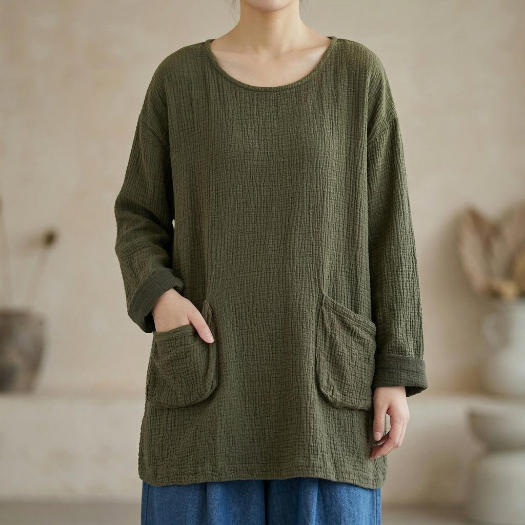 Women's Boho Cotton Knit Sweater - Lightweight Spring Pullover with Pockets