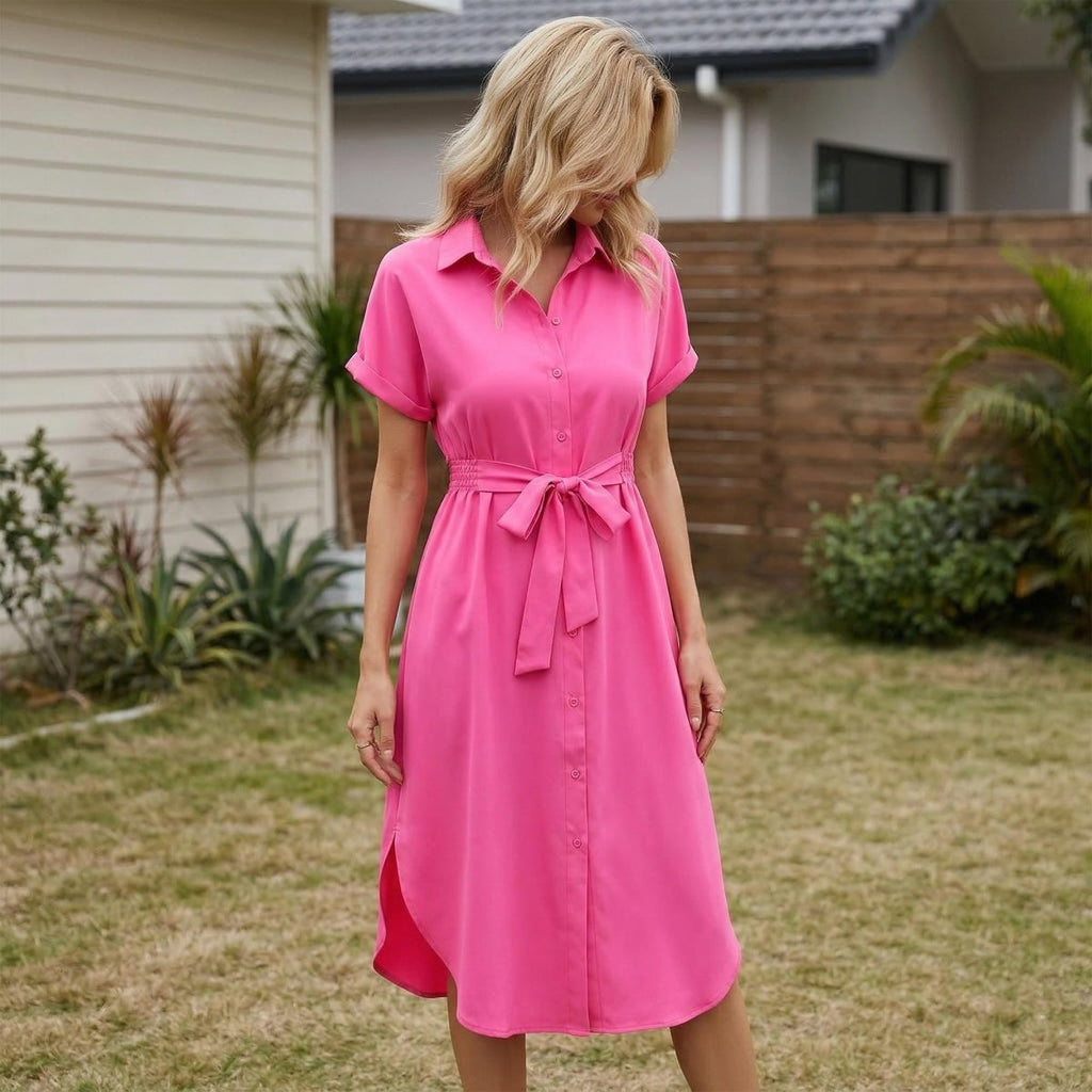 White Linen Midi Shirt Dress, Collared Button-Down with Belt, Pockets