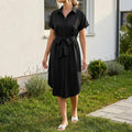White Linen Midi Shirt Dress, Collared Button-Down with Belt, Pockets