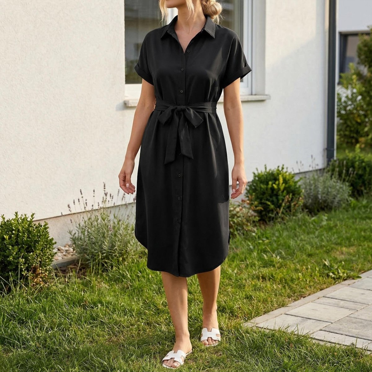 White Linen Midi Shirt Dress, Collared Button-Down with Belt, Pockets