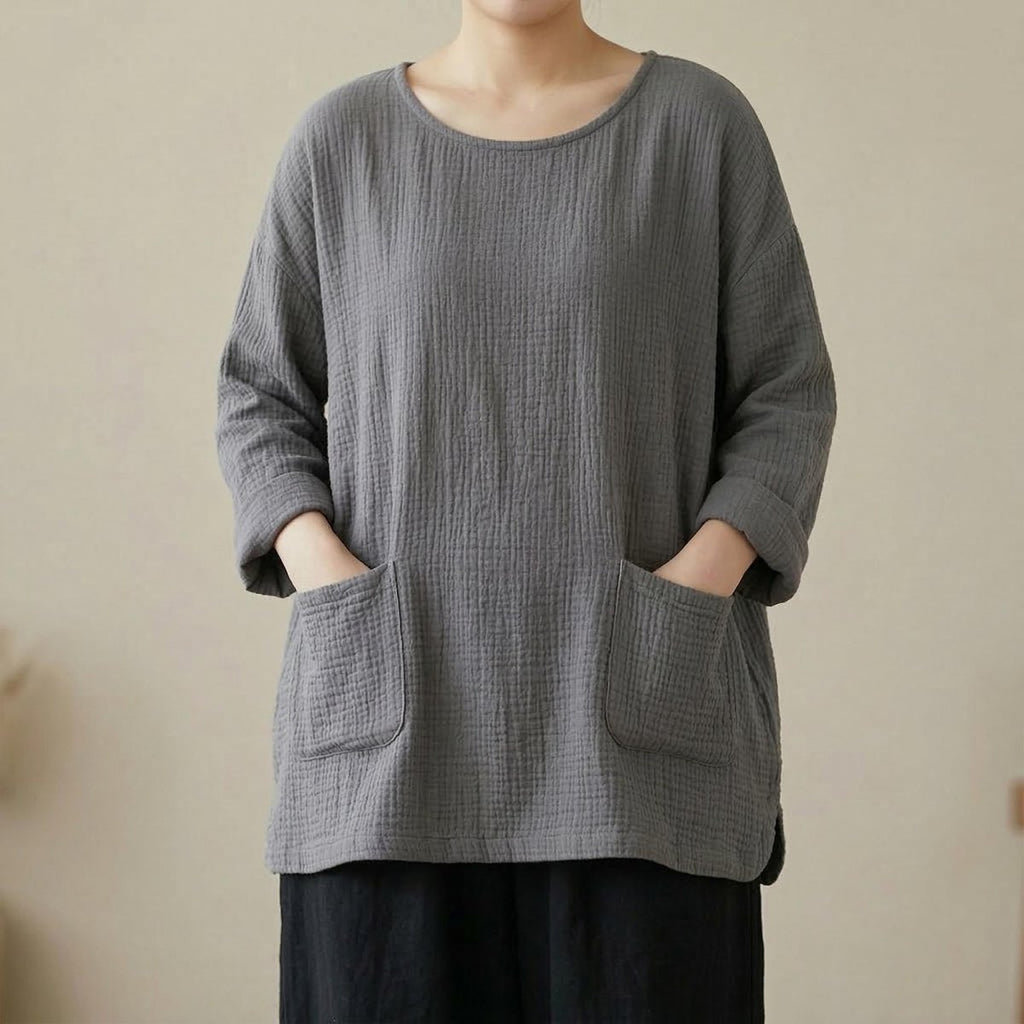 Women's Boho Cotton Knit Sweater - Lightweight Spring Pullover with Pockets
